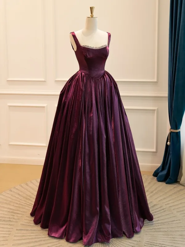 Enkla Dansande Purple Balklänningar 2025 Prinsessa Korsade remmar Satin Ruffle Formella Klänningar Långa Ärmlös