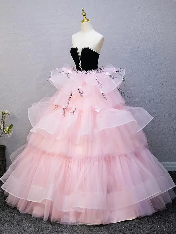 Lovely Blushing Pink Appliques Pearl Rhinestone Cascading Ruffles Prom Dresses 2025 Ball Gown Strapless Sleeveless Backless Floor-Length / Long Prom Formal Dresses
