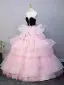 Lovely Blushing Pink Appliques Pearl Rhinestone Cascading Ruffles Prom Dresses 2025 Ball Gown Strapless Sleeveless Backless Floor-Length / Long Prom Formal Dresses