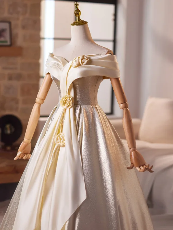 Elegant Champagne Appliques Prom Dresses 2025 Ball Gown Off-The-Shoulder Short Sleeve Backless Floor-Length / Long Formal Dresses