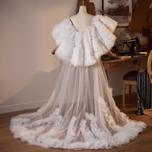 Charming White Handmade Cascading Ruffles Evening Party Shawl 2026 Tulle