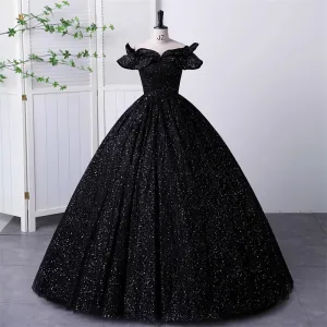 Elegant Black Sequins Prom Dresses Ball Gown 2023 Off The Shoulder Short Sleeve Backless Floor Length Long Formal Dresses