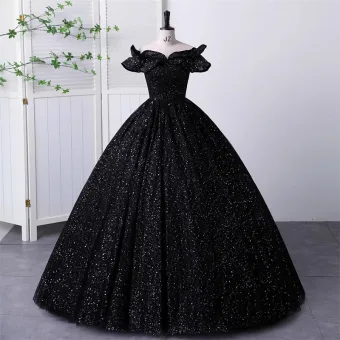 Élégant Noire Paillettes Robe De Bal Robe Boule 2023 De L Épaule Manches Courtes Dos Nu Longue Robe De Ceremonie