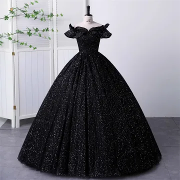 Elegant Black Sequins Prom Dresses Ball Gown 2023 Off The Shoulder Short Sleeve Backless Floor Length Long Formal Dresses