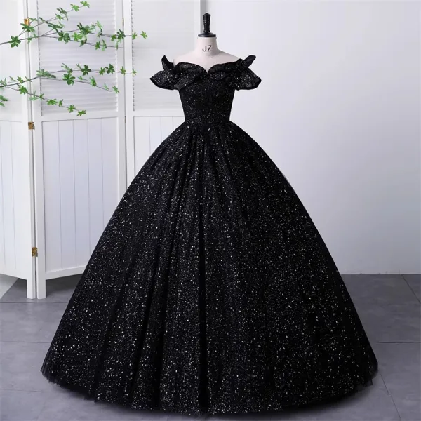 Elegant Black Sequins Prom Dresses Ball Gown 2023 Off-The-Shoulder Short  Sleeve Backless Floor-Length / Long Formal Dresses