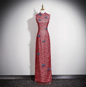 Chiński Styl Vintage Burgund Z Koronki Bal Cheongsam 2025 Syrena Rozkloszowane Wysokiej Szyi Bez Rękawów Długie