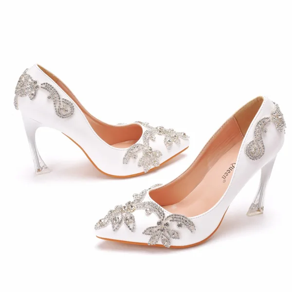 Schöne Weiß Strass Ball Pumps 2022 9 cm Stilettos Spitzschuh Pumps Hochhackige