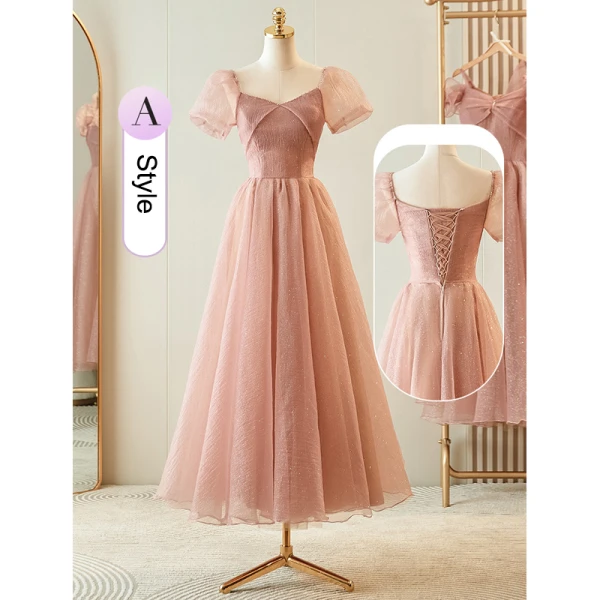 Simple Rougissant Rose Glitter Robe Demoiselle D'honneur 2023 Princesse Encolure Carrée Gonflée Manches Courtes Dos Nu Thé Longueur Robe Demoiselle D'honneur