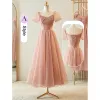 Modest / Simple Blushing Pink Glitter Bridesmaid Dresses 2023 A-Line / Princess Square Neckline Puffy Short Sleeve Backless Tea-length Bridesmaid Dresses
