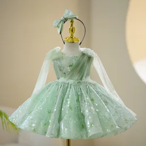 Chic Belle Vert Cendré Perlage Perle Paillettes Courte Anniversaire Robe Ceremonie Fille 2024 Robe Boule Encolure Dégagée Noeud Sans Manches Tulle