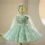 Chic / Beautiful Sage Green Beading Pearl Sequins Short Birthday Flower Girl Dresses 2024 Ball Gown Scoop Neck Bow Sleeveless Tulle