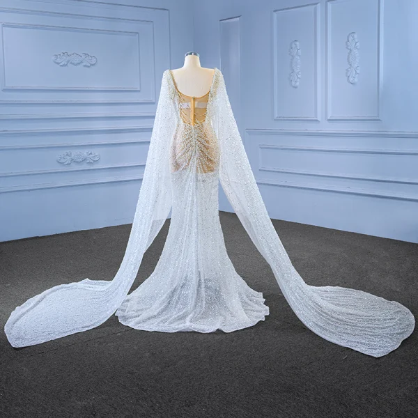 Luxury / Gorgeous Ivory Handmade  Beading Sequins Pearl Wedding Dresses 2022 Trumpet / Mermaid Scoop Neck Long Sleeve Backless Sweep Train Wedding