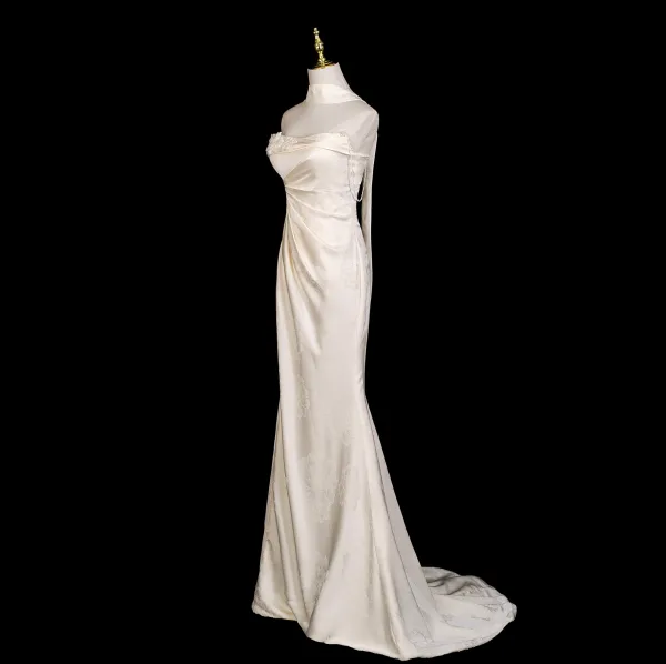 Sexy Ivoire Perle En Dentelle Fleur Robe De Soirée 2025 Trompette / Sirène Bustier Sans Manches Dos Nu Train De Balayage Robe De Ceremonie