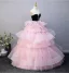 Lovely Blushing Pink Appliques Pearl Rhinestone Cascading Ruffles Prom Dresses 2025 Ball Gown Strapless Sleeveless Backless Floor-Length / Long Prom Formal Dresses