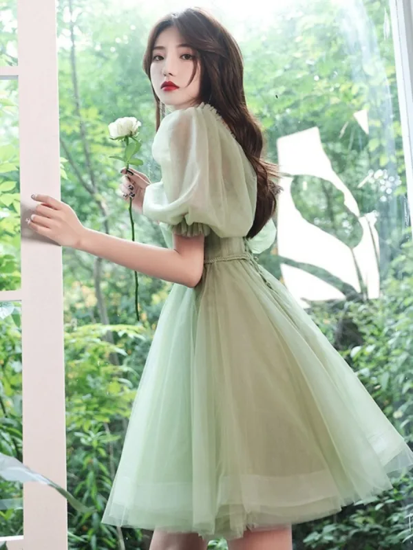 green dress woman British-Style Velvet Green Short Evening Dress with Sleeves – loveangeldress main image 1