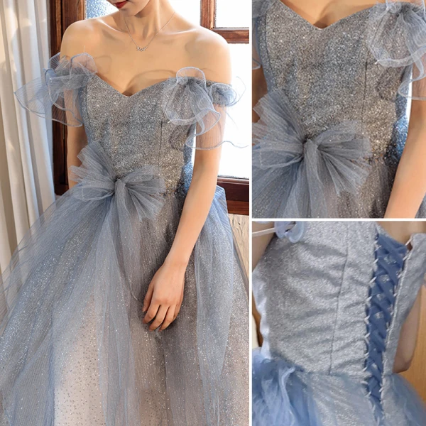Glitzernden Charmant Himmelblau Pailletten Abendkleider 2023 A Linie Off Shoulder Schleife Kurze Ärmel Rückenfreies Lange Abend Festliche Kleider