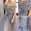 Glitzernden Charmant Himmelblau Pailletten Abendkleider 2023 A Linie Off Shoulder Schleife Kurze Ärmel Rückenfreies Lange Abend Festliche Kleider