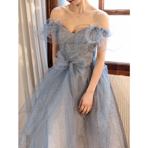 Glitzernden Charmant Himmelblau Pailletten Abendkleider 2023 A Linie Off Shoulder Schleife Kurze Ärmel Rückenfreies Lange Abend Festliche Kleider