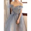 Glitzernden Charmant Himmelblau Pailletten Abendkleider 2023 A Linie Off Shoulder Schleife Kurze Ärmel Rückenfreies Lange Abend Festliche Kleider