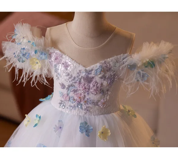 Lovely White Beading Appliques Tassel Birthday Flower Girl Dresses 2025 Ball Gown Scoop Neck Short Sleeve Backless Floor-Length / Long