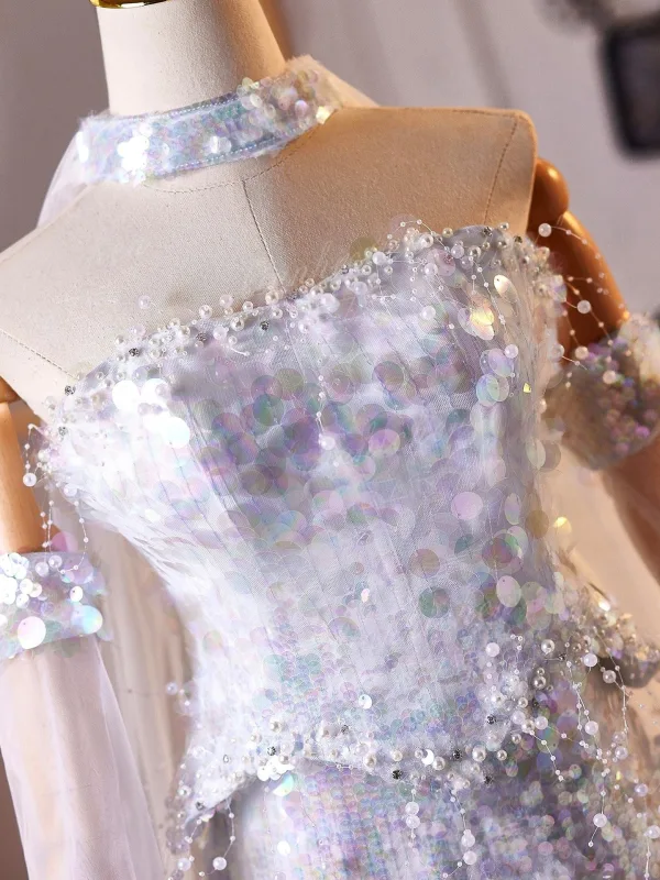 Scintillantes Sexy Argenté Perle Paillettes Robe De Soirée 2026 Trompette / Sirène Bustier Manches Courtes Dos Nu Longue Robe De Ceremonie