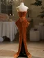 Sexy Brown Sequins Velvet Evening Dresses 2024 Trumpet / Mermaid Strapless Bow Sleeveless Backless Floor-Length / Long Evening Party Formal Dresses