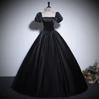 Vintage Retro Black Satin Prom Dresses 2024 Ball Gown Square Neckline Puffy Short Sleeve Backless Floor Length Long Prom Formal Dresses
