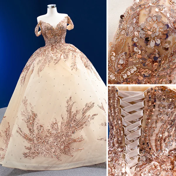 Luxury / Gorgeous Sparkly Gold Handmade  Beading Sequins Wedding Dresses 2022 Ball Gown Off-The-Shoulder Sleeveless Backless Chapel Train Wedding