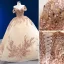 Luxury / Gorgeous Sparkly Gold Handmade  Beading Sequins Wedding Dresses 2022 Ball Gown Off-The-Shoulder Sleeveless Backless Chapel Train Wedding