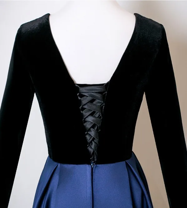 Vintage / Retro Navy Blue Rhinestone Satin Prom Dresses 2025 A-Line / Princess V-Neck Long Sleeve Backless Floor-Length / Long Formal Dresses