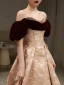 Elegant Burgundy Printing Pearl Prom Dresses 2023 A-Line / Princess Off-The-Shoulder Short Sleeve Backless Floor-Length / Long Prom Formal Dresses