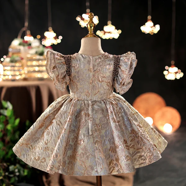 Chic / Beautiful Champagne Birthday Short Flower Girl Dresses 2022 Ball Gown Scoop Neck Beading Sequins Short Sleeve Flower Girl Dresses