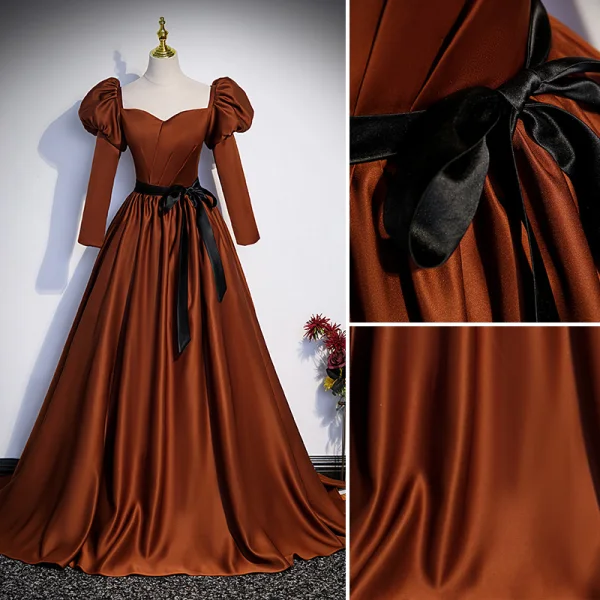 Vintage / Originale Marron Satin Robe De Bal 2023 Robe Boule Encolure Carrée 3/4 Manches Dos Nu Noeud Ceinture Train De Balayage Promo Robe De Ceremonie