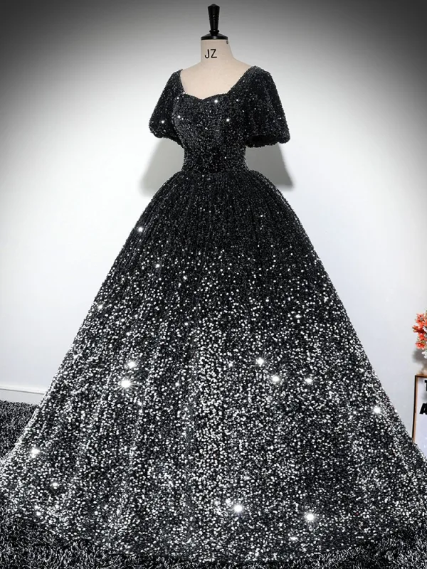 Glitzernden Schwarz Pailletten Ballkleid Ballkleider 2024 Eckiger Ausschnitt Kurze Ärmel Rückenfreies Lange Ball Festliche Kleider