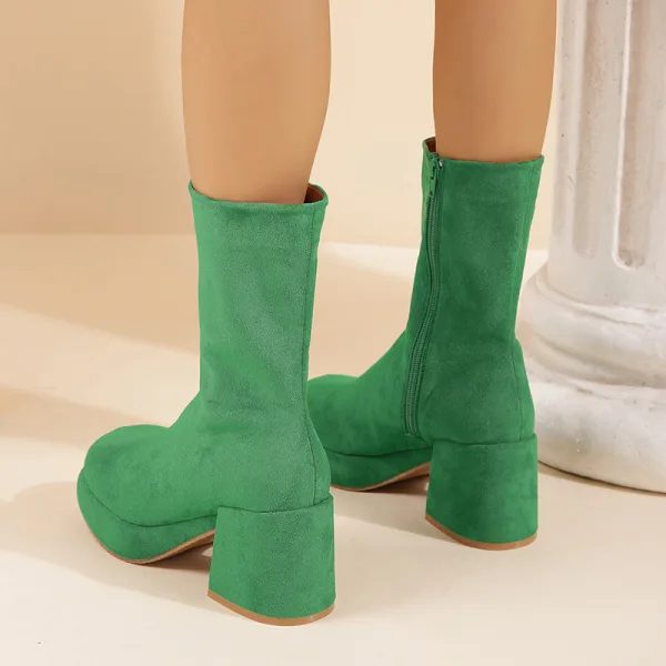 Comfortable Green Street Wear Winter Suede Womens Boots 2023 6 cm Thick Heels Round Toe Boots High Heels