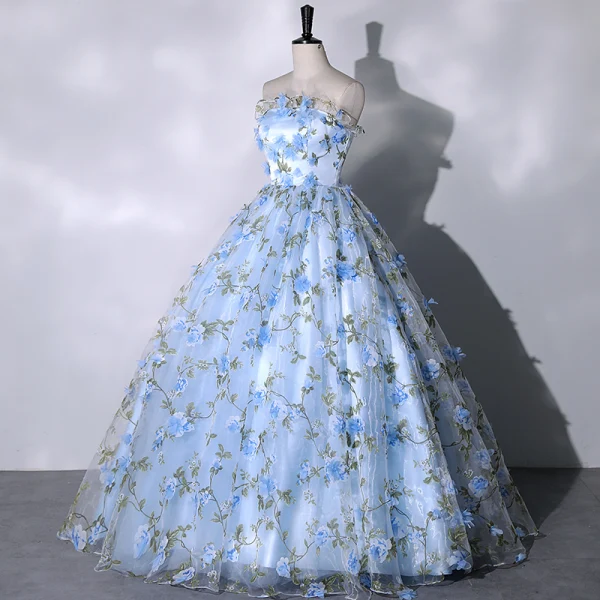 Flower Fairy Sky Blue Appliques Prom Dresses 2023 Ball Gown Strapless Sleeveless Backless Floor-Length / Long Prom Formal Dresses