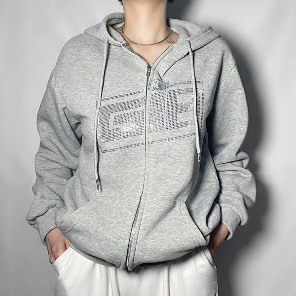 Comfortable White Rhinestone Tops Sweatshirts Letter Graphic Polyester Loose Hooded Street Wear Long Sleeve Zipper Hoodies 2021