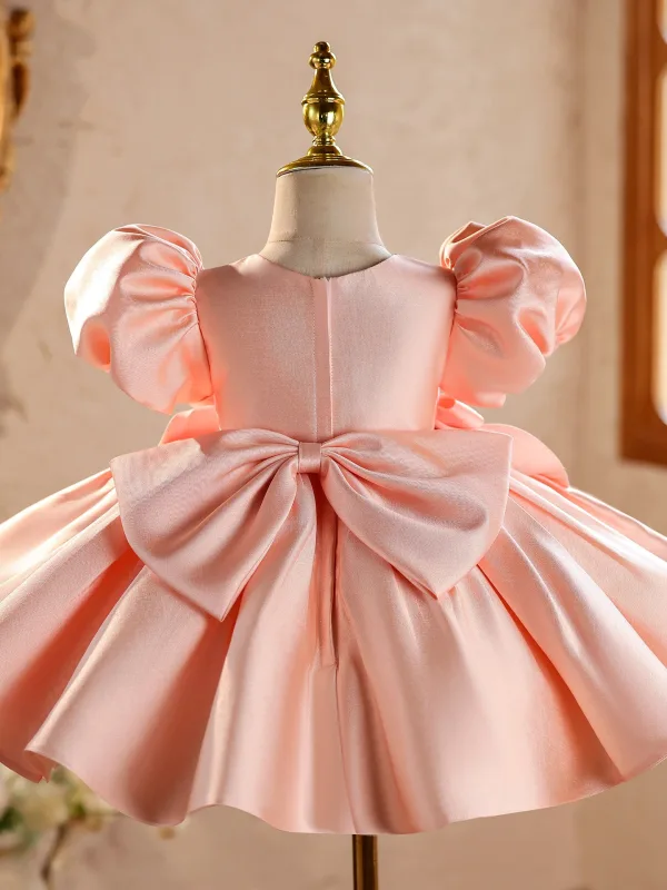 Chic / Beautiful Blushing Pink Embroidered Bow Birthday Short Flower Girl Dresses 2026 Ball Gown Scoop Neck Puffy Short Sleeve