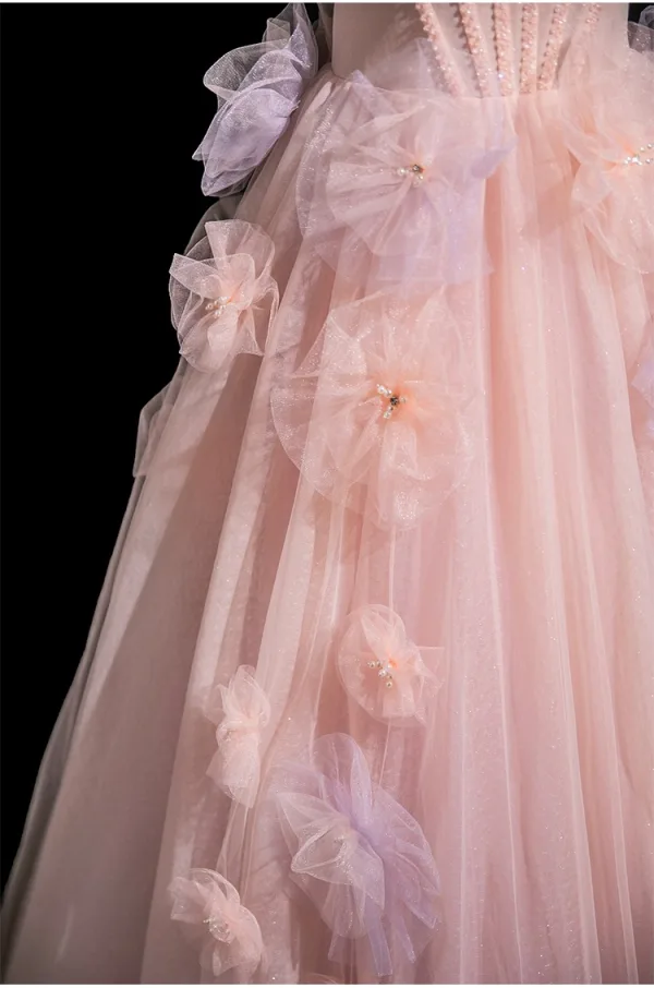 Chic / Beautiful Blushing Pink Appliques Pearl Prom Dresses 2025 A-Line / Princess Off-The-Shoulder Short Sleeve Backless Floor-Length / Long Prom Formal Dresses
