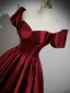 Elegant Burgundy Satin Prom Dresses 2023 Ball Gown Off-The-Shoulder Short Sleeve Backless Floor-Length / Long Prom Formal Dresses
