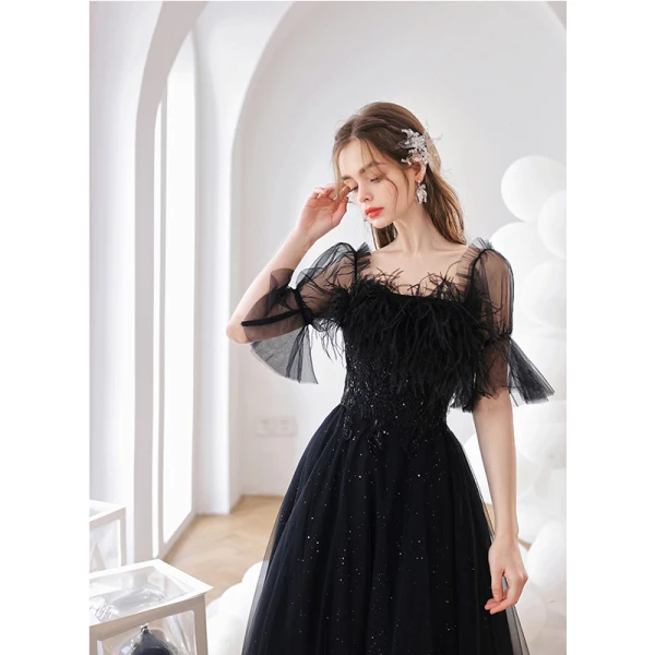 Charming Black Feather Beading Sequins Prom Dresses 2022 A-Line / Princess Square Neckline Bell sleeves Backless Floor-Length / Long Formal Dresses