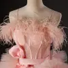 Charming Candy Pink Cascading Ruffles Pierced Prom Dresses 2022 Ball Gown Spaghetti Straps Tassel Sleeveless Backless Bow Sash Court Train Prom Formal Dresses