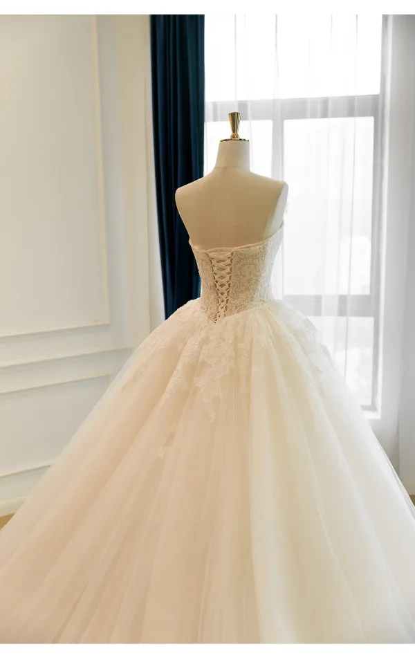 Elegant White Lace Flower Ball Gown Wedding Dresses 2026 Strapless Sleeveless Backless Floor-Length / Long Wedding