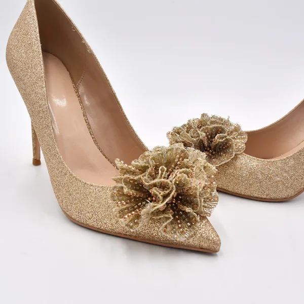 Sparkly Gold Beading Flower Sequins Wedding Shoes 2022 Leather 10 cm Stiletto Heels Pointed Toe Wedding Pumps High Heels