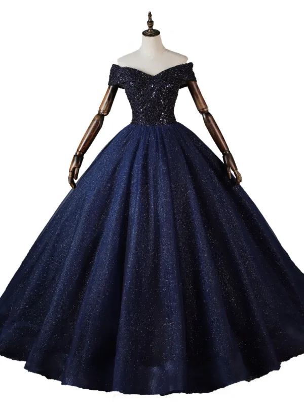 Vintage / Retro Navy Blue Beading Sequins Prom Dresses 2023 Ball Gown Off-The-Shoulder Short Sleeve Backless Floor-Length / Long Formal Dresses