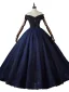 Vintage / Retro Navy Blue Beading Sequins Prom Dresses 2023 Ball Gown Off-The-Shoulder Short Sleeve Backless Floor-Length / Long Formal Dresses