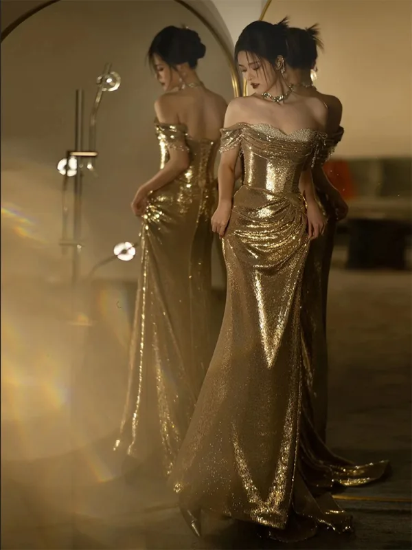 Sparkly Gold Sequins Evening Dresses 2024 Trumpet / Mermaid Off-The-Shoulder Sleeveless Backless Floor-Length / Long Evening Party Formal Dresses
