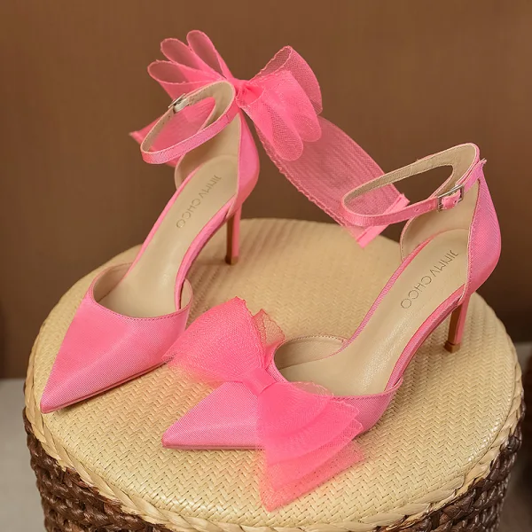 Schöne Fuchsie Schleife Ball Sandalen Damen 2023 Knöchelriemen 8 cm Stilettos Spitzschuh Sandaletten Hochhackige