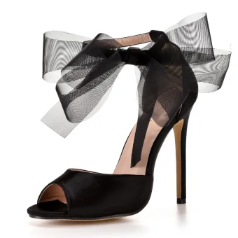 Sexy Noire Bride Cheville Noeud Soirée Sandales Femme 2022 Satin 11 Cm Talons Aiguilles Peep Toes Bout Ouvert Sandales Talons Hauts