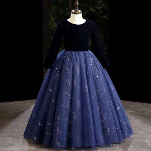 Vintage Retro Navy Blue Suede Birthday Flower Girl Dresses 2022 Ball Gown Scoop Neck Long Sleeve Sequins Floor Length Long Flower Girl Dresses